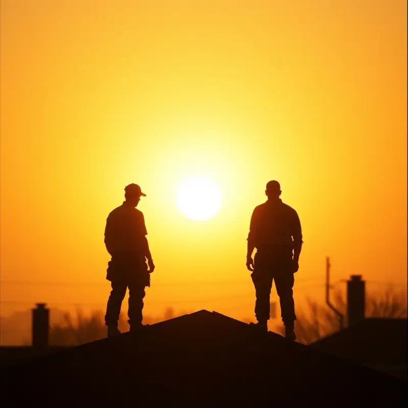 Two roofers standing on a ridgeline at sunset, silhouetted against the low sun.