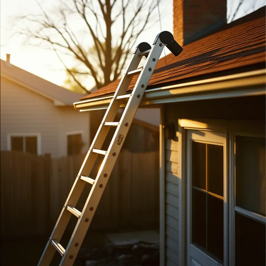 A ladder set against the edge of a house roof in warm late-afternoon light, ready for the next job.