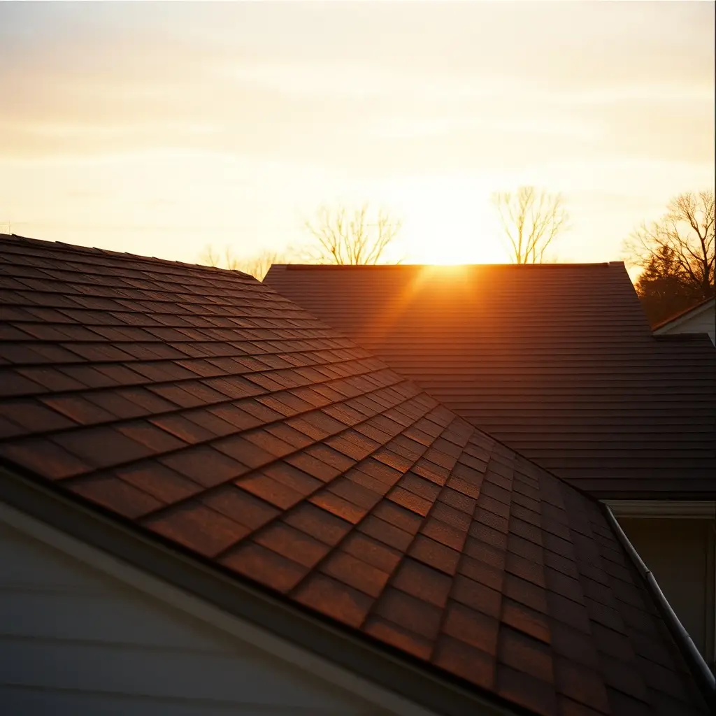 A finished asphalt-shingle roof catching the last warm light at sunset, the sun low behind the ridgeline.